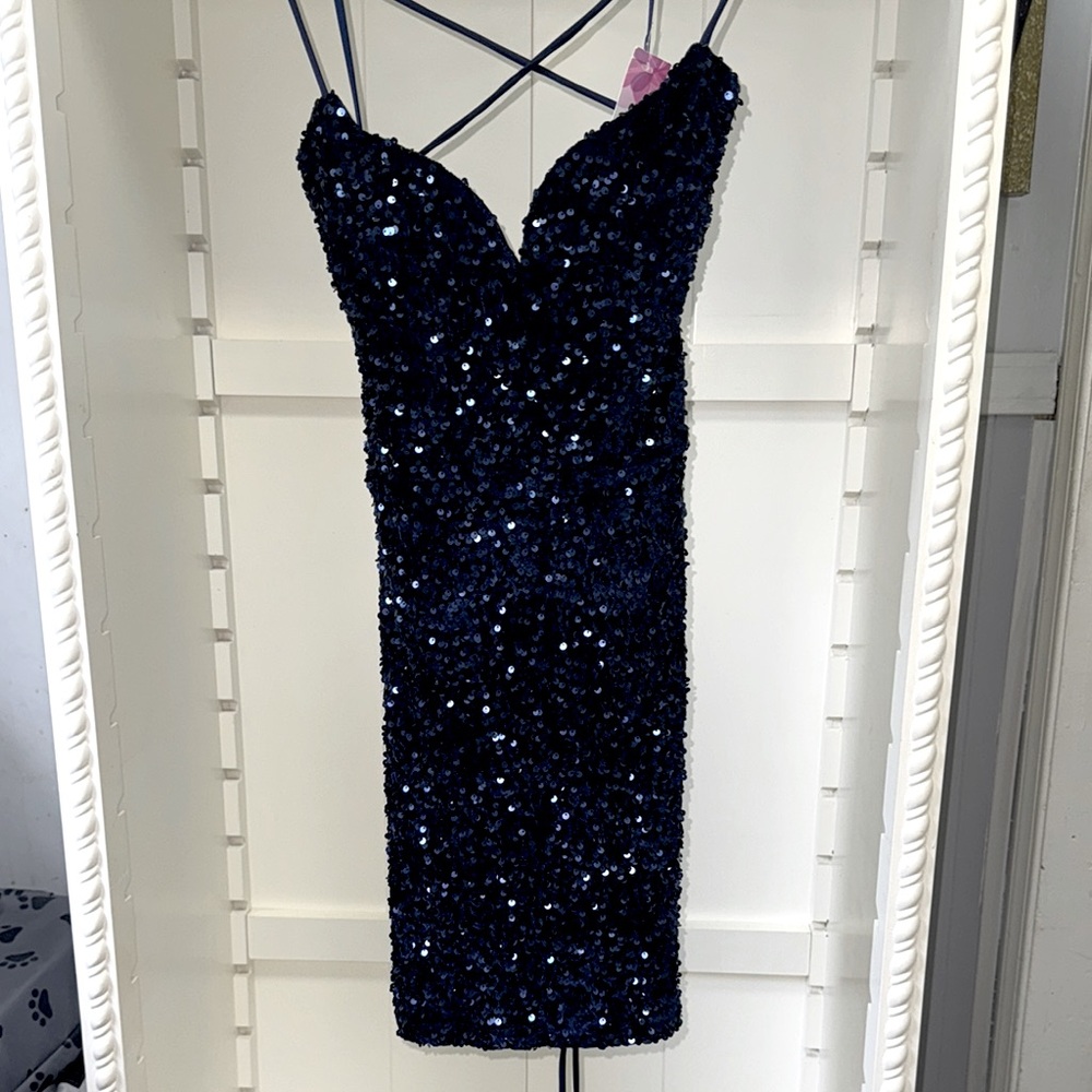 Bella D. Blue and Black Sequin Bodycon Dress